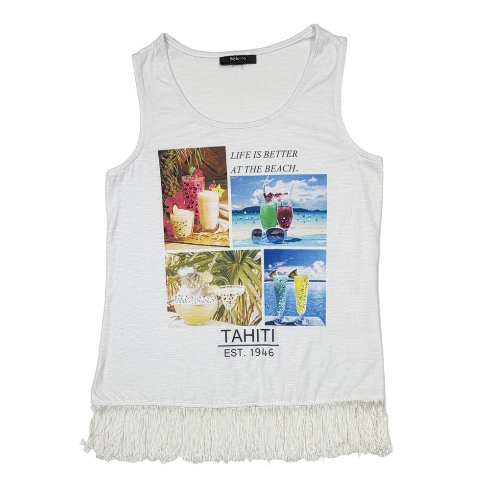 Style & Co. Tank Top Rhinestone Beach Tahiti Women's Medium Fringe Tropical Macy